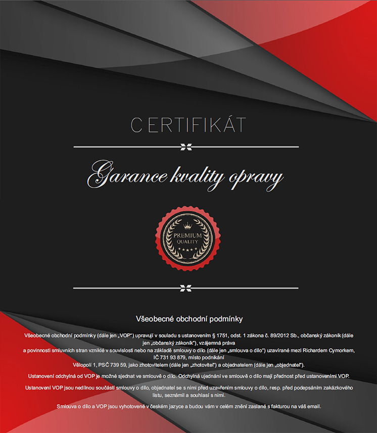 certifikát garance kvality opravy